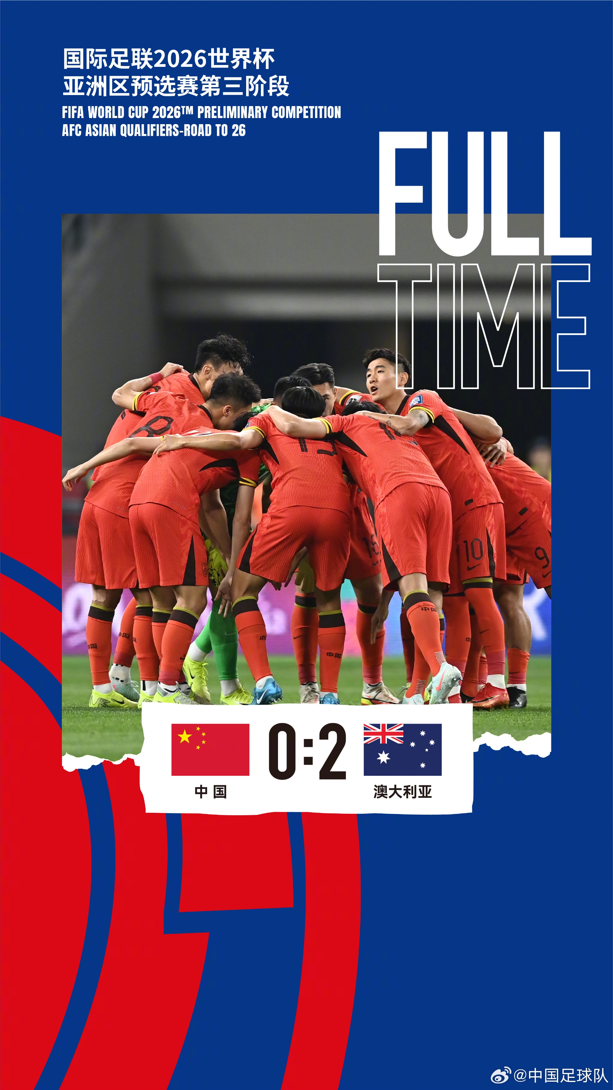 美加墨世界杯亞洲區(qū)預(yù)選賽第三階段第八輪，中國(guó)隊(duì)0-2澳大利亞隊(duì)