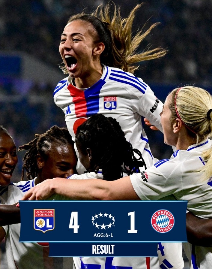 里昂女足4-1大勝拜仁女足，總比分6-1晉級女足歐冠半決賽