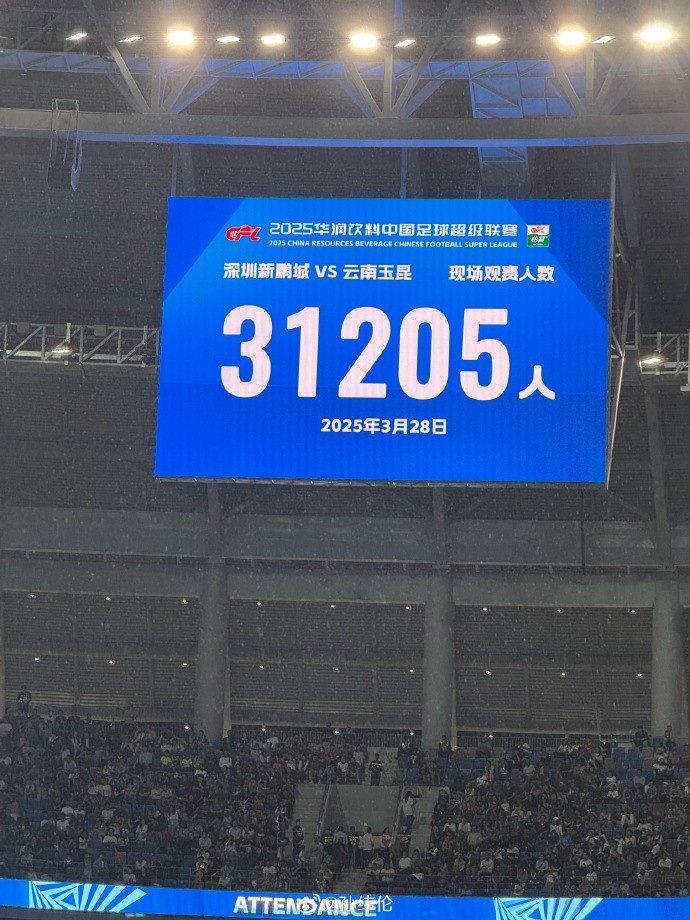 新鵬城新賽季首個(gè)主場(chǎng)現(xiàn)場(chǎng)觀眾31205人，為隊(duì)史最高上座人數(shù)