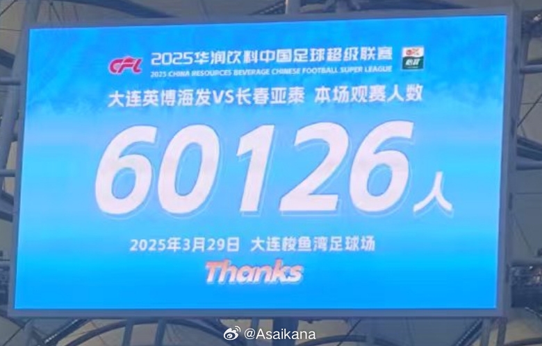 大連英博和長(zhǎng)春亞泰吸引60126名觀眾現(xiàn)場(chǎng)觀戰(zhàn)，中超歷史排名第二