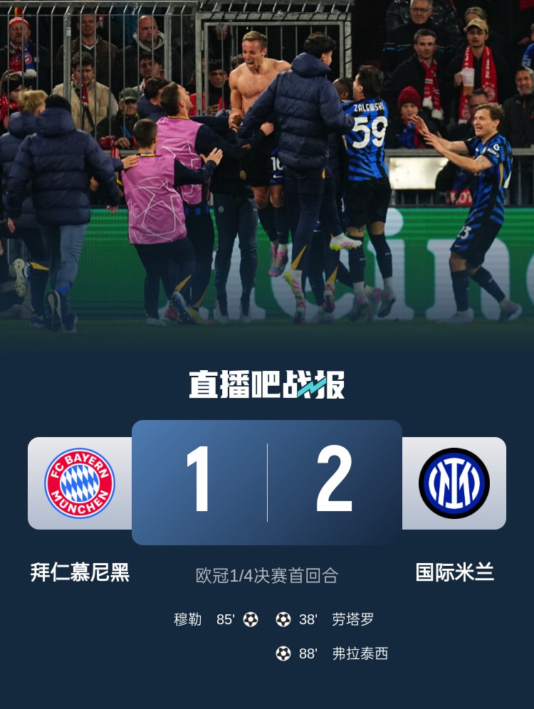 2-1占得先機(jī)！國(guó)米送給拜仁4年來歐冠主場(chǎng)首敗